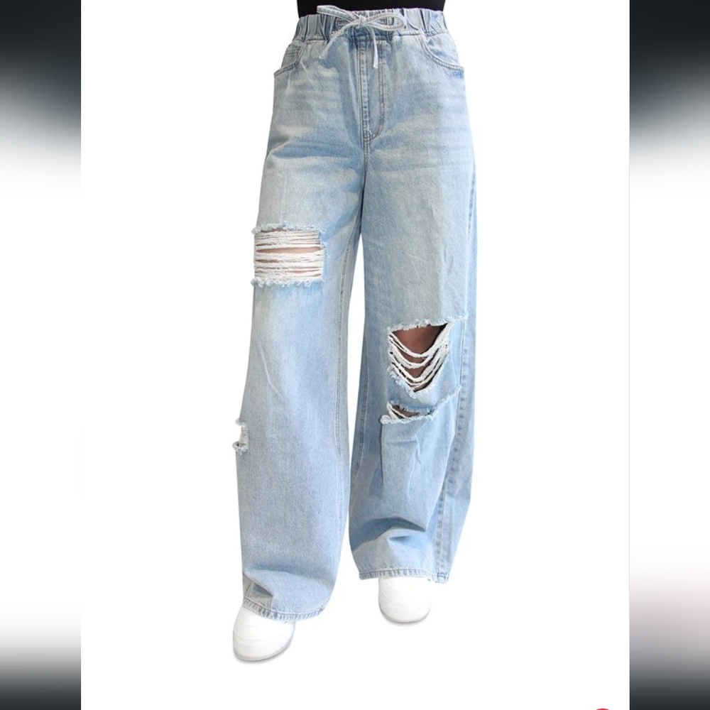 Almost Famous Junior's Drawstring Waist Baggy Wide Leg Jeans Blue Size M